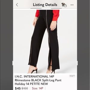 I.N.C. INTERNATIONAL 14P Rhinestone BLACK Split-Leg Pant Holiday 14 PETITE NEW